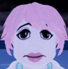 a close up of a person 's face with pink hair and a sad look on their face .