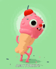 a cartoon ice cream cone with a cherry on top and the words am i torkin written below it