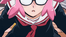 a girl with pink hair and glasses is wearing a red tie
