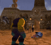 a video game scene shows a man standing in front of a building with a statue of a snake on it