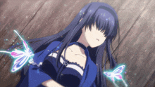 a girl with long black hair is surrounded by butterfly wings