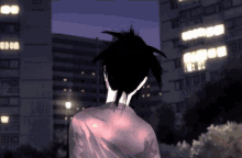 a drawing of a person standing in front of a building with a clock on the top of it