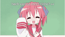 a cartoon of a girl with pink hair and the words hech vamos roctzinho