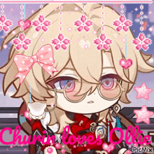 a picture of a girl with glasses and a pink bow with the words " chunin loves olly " on the bottom