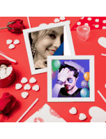 a picture of a woman and a picture of a man with balloons on a red background