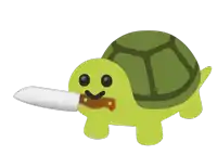 a turtle with a knife in its mouth