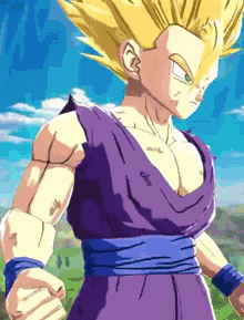 a close up of a cartoon character with a purple shirt