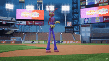 a cartoon character is standing on a baseball field in front of a kaak sign