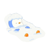a blue and white penguin is laying in the snow with its eyes closed