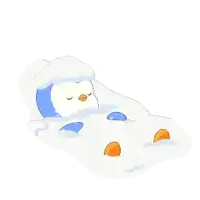 a blue and white penguin is laying in the snow with its eyes closed