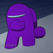 a purple among us character is kneeling down and covering his face with his hand .