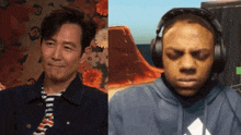 a man wearing headphones next to a man wearing a striped shirt