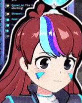a close up of a cartoon character with a purple and blue stripe on her hair .