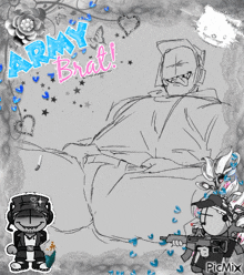 a drawing of a man with a gun and the words army brat on the top