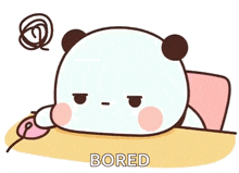 a cartoon of a panda bear laying on a bed with the word bored below it .