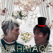 a picture of a man in a top hat and a woman in a veil with the word marriage written on it