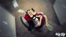 a gif of a woman laying on a man 's lap with the words gif jif below it