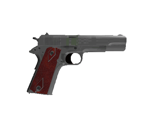a gun with a red grip and a diamond design