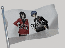 a flag with two anime characters and the words say gex
