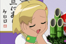 a cartoon girl with chinese writing on the wall