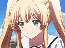 a girl with blonde hair and green eyes looks at the camera