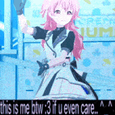a pink haired anime girl is standing in front of a sign that says open aquarium
