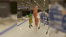 a cartoon character is standing next to a shopping cart in a store
