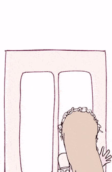a drawing of a woman in a pink dress looking out a window