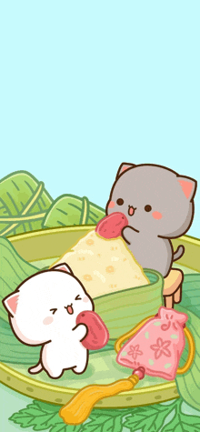 two cartoon cats are eating a piece of cheese and one is holding a bag with a flower on it