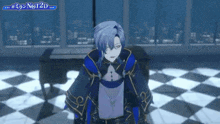 a man with blue hair is standing in a room with a checkered floor and a desk .