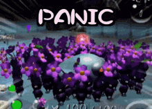 a video game with purple flowers and the words panic on the bottom