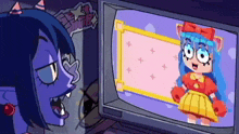 a cartoon character is looking at a cartoon character on a television .