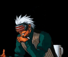 a pixel art drawing of a man drinking from a cup
