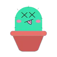 a cartoon cactus in a red pot with its tongue sticking out and crossed eyes