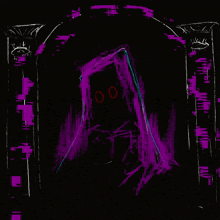 a drawing of a person with red eyes and a purple robe