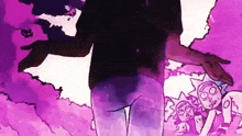 a cartoon of rick and morty is behind a person in purple jeans