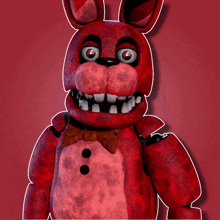 a red bunny with big eyes and white teeth stands in front of a red background