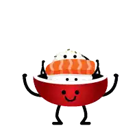 a cartoon illustration of a bowl of sushi with a face and arms and legs