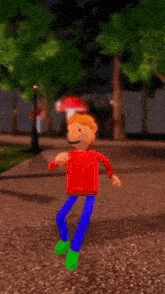 a cartoon character is dancing in a park wearing a santa hat .