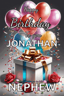 a birthday card for a nephew with a gift box and balloons