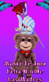 a teddy bear is holding a red rose with the words mama te amo feliz dia de las madres