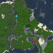 a map of a lush green forest with a blue object in the middle