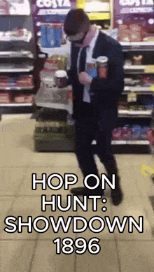 a man in a suit and tie is dancing in a store with the words hop on hunt showdown 1896