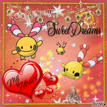 a good night sweet dreams greeting card with hearts and cartoon characters