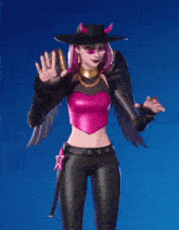 a woman in a pink top and black pants is wearing a devil hat and waving .