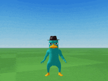 a perry the platypus wearing a hat is standing in a field