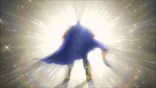 a superhero with a blue cape is standing in front of a bright light
