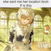 a maid is sitting at a table with a cup of coffee in front of a sign that says stream to start