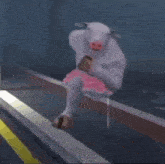 a white pig with a pink nose is walking down a street holding a piece of meat .