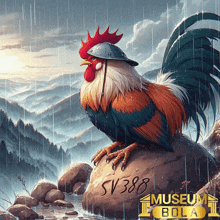 a rooster wearing a helmet sits on a rock in the rain